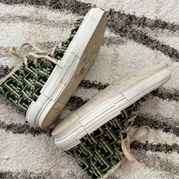 Men’s Dior B23 High Top Sneakers Green & White Oblique Tapestry - Picture 2 of 15